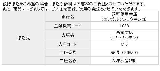 ほっけを通販でお取り寄せ 大澤水産 振込案内